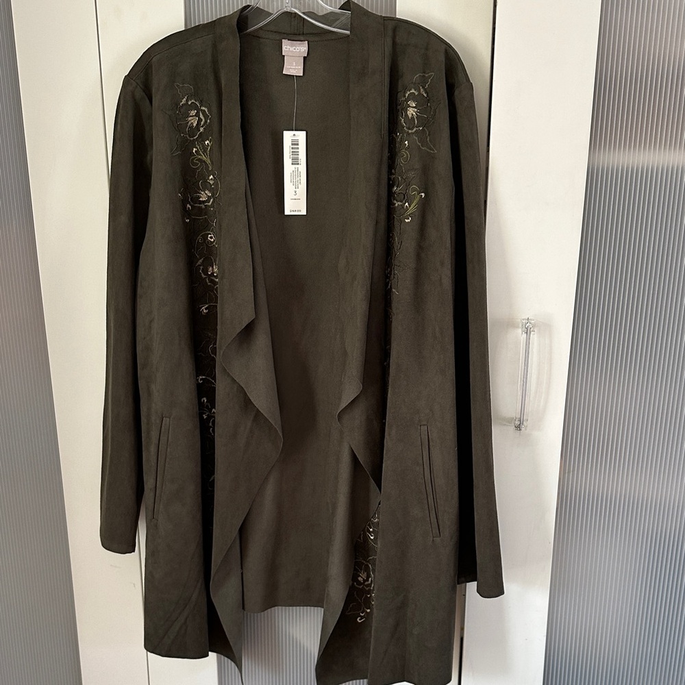 NWT Chico's Olive Green faux suede Embroidered Blazer